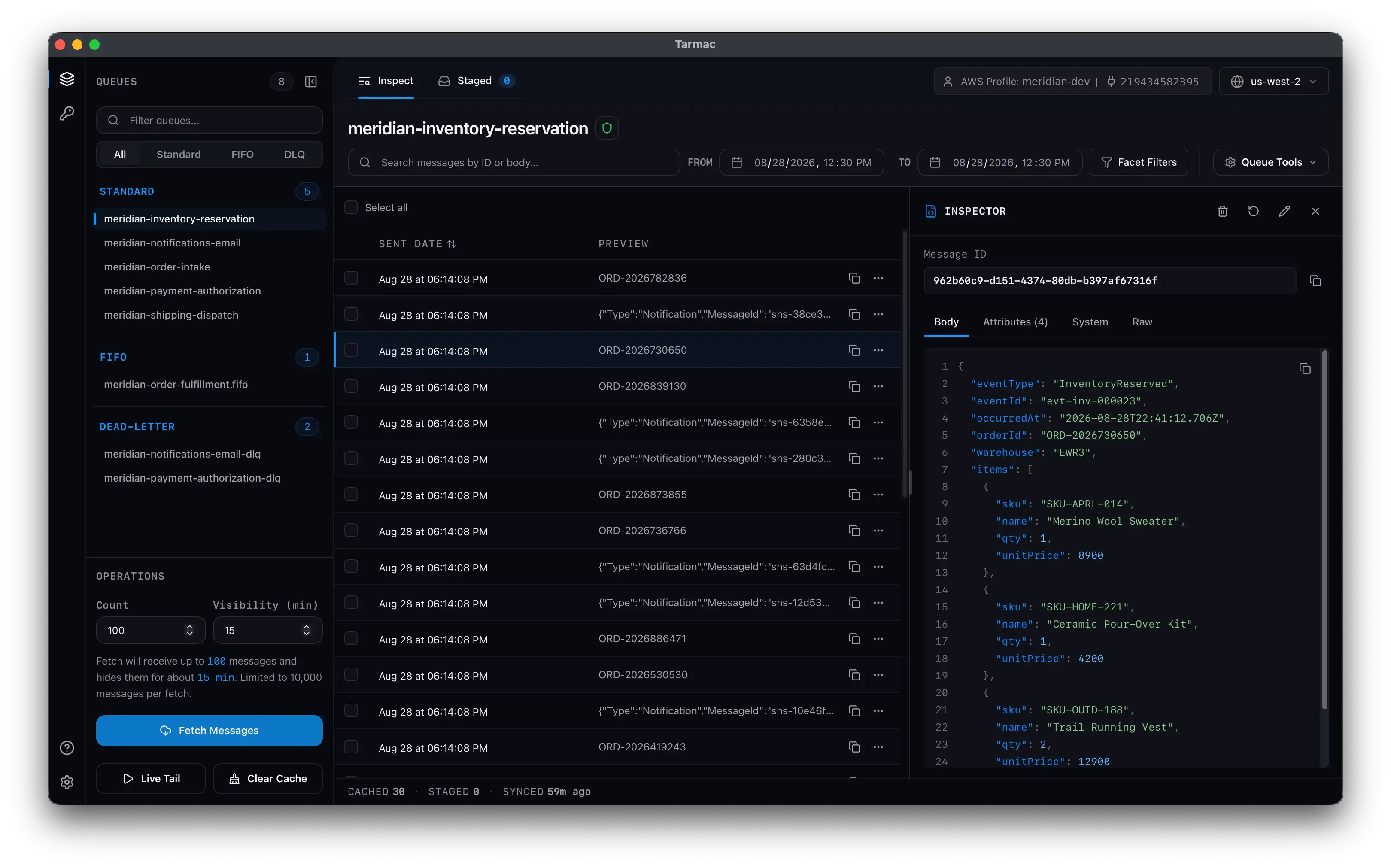 Tarmac desktop app showing the Inspect view of an order-dlq dead-letter queue with cached messages and an inspector panel